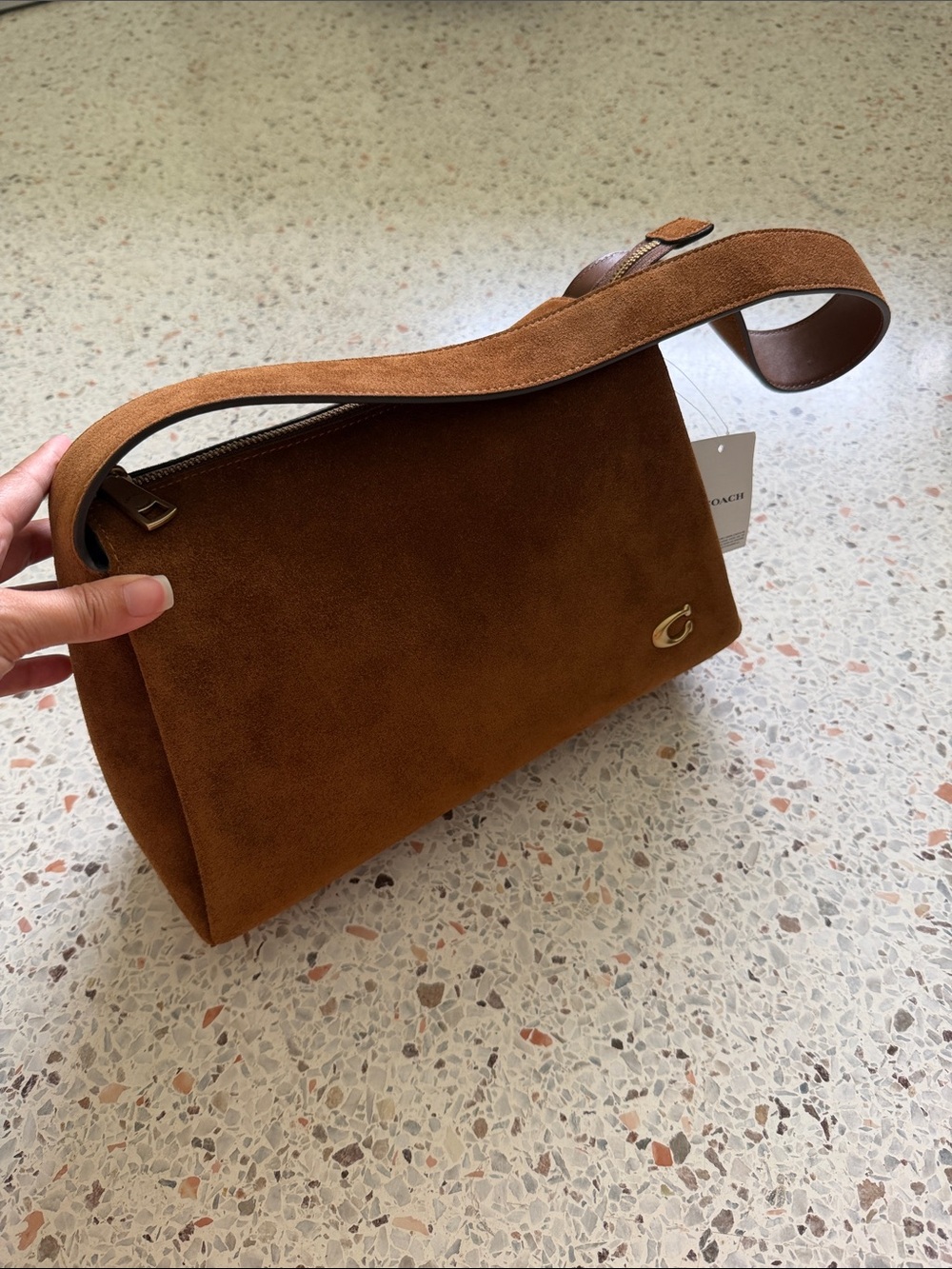 Coach Lola Shoulder Bag in Warm Brown Suede with Brass Hardware - Picture 5 of 6